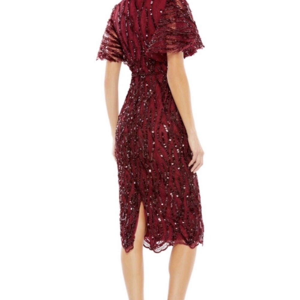 Mac Duggal Red Sequin Cocktail Midi Dress. Size 10 Fringe Sleeves V-Neck. NWT - Picture 4 of 14